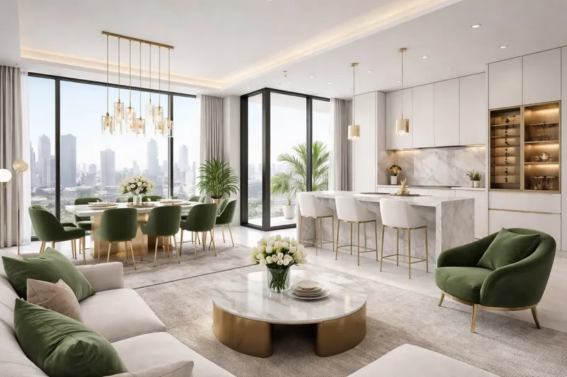 Thiết kế nội thất phòng khách liền bếp phong cách Modern Luxury cao cấp, điểm nhấn tông xanh lá