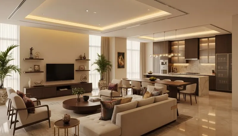 Thiết kế nội thất phòng khách liền bếp phong cách Modern Luxury sang trọng, tông màu ấm áp