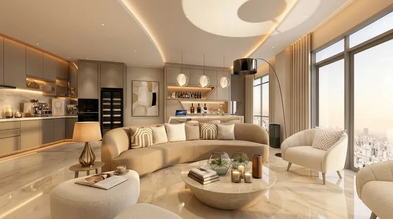 Thiết kế nội thất phòng khách liền bếp phong cách Modern Luxury cao cấp, không gian mở sang trọng