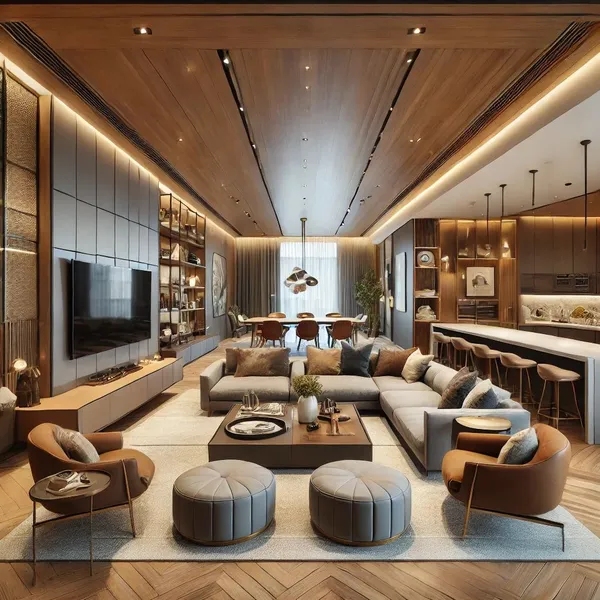 Thiết kế nội thất phòng khách liền bếp phong cách Modern Luxury cao cấp, trần gỗ sang trọng