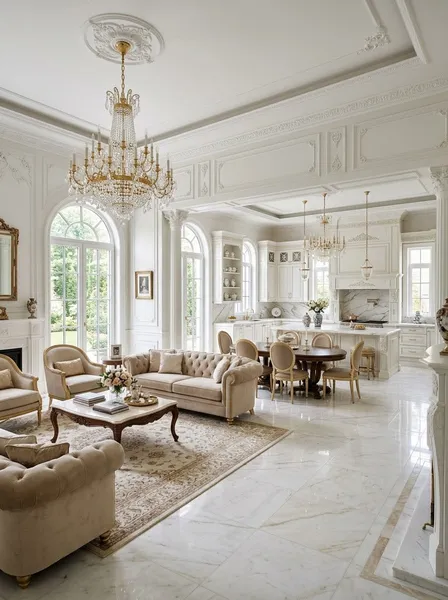 Thiết kế nội thất phòng khách liền bếp phong cách Tân cổ điển (Neoclassic) sang trọng, quý phái
