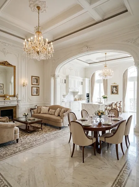 Thiết kế nội thất phòng khách liền bếp phong cách Tân cổ điển (Neoclassic) sang trọng, đối xứng hoàn hảo