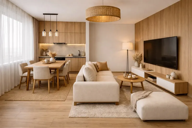 Thiết kế nội thất phòng khách liền bếp phong cách Scandinavian ấm cúng, mộc mạc