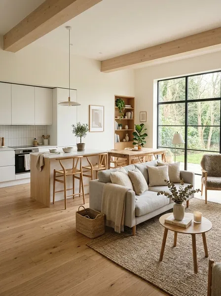 Thiết kế nội thất phòng khách liền bếp phong cách Scandinavian hiện đại, mộc mạc và thoáng đãng