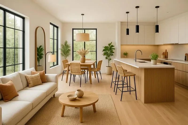 Thiết kế nội thất phòng khách liền bếp phong cách Scandinavian sáng sủa, ấm cúng