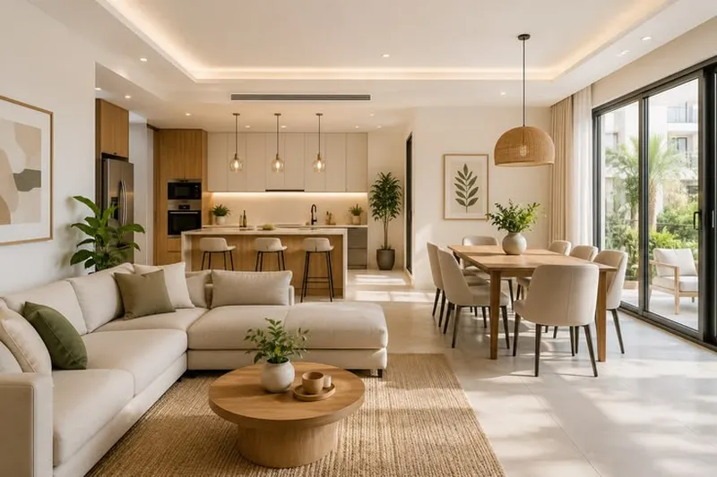 Thiết kế nội thất phòng khách liền bếp phong cách Tropical thoáng đãng, gần gũi thiên nhiên