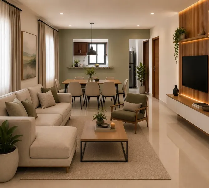 Thiết kế nội thất phòng khách liền bếp phong cách Tropical ấm cúng, hài hòa với thiên nhiên