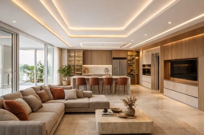 Thiết kế nội thất phòng khách liền bếp phong cách Tropical sang trọng, không gian mở thoáng đãng