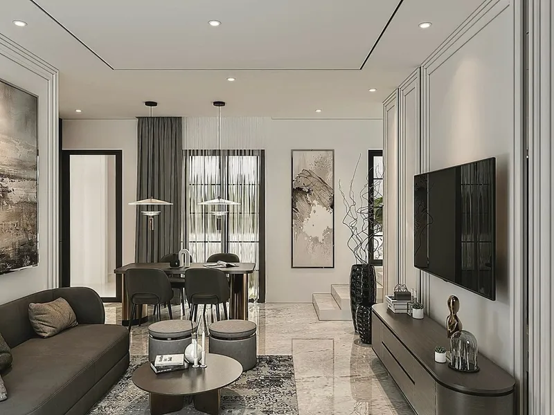 Thiết kế nội thất phòng khách liền bếp phong cách Luxury sang trọng và đẳng cấp