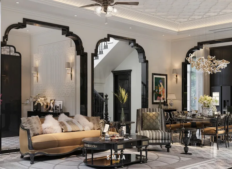 Thiết kế nội thất phòng khách liền bếp phong cách Indochine sang trọng, đẳng cấp với các vòm cửa độc đáo