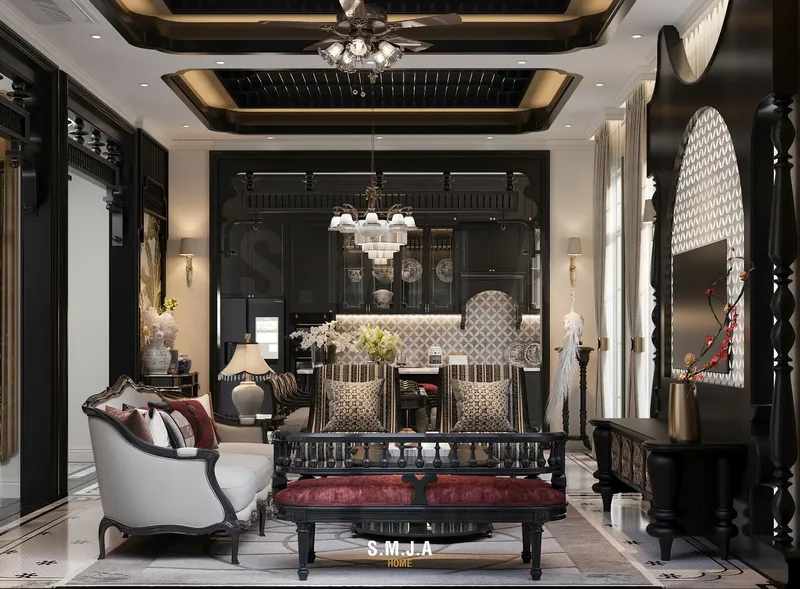 Thiết kế nội thất phòng khách liền bếp phong cách Indochine cao cấp, sang trọng mang thương hiệu SMJA Home