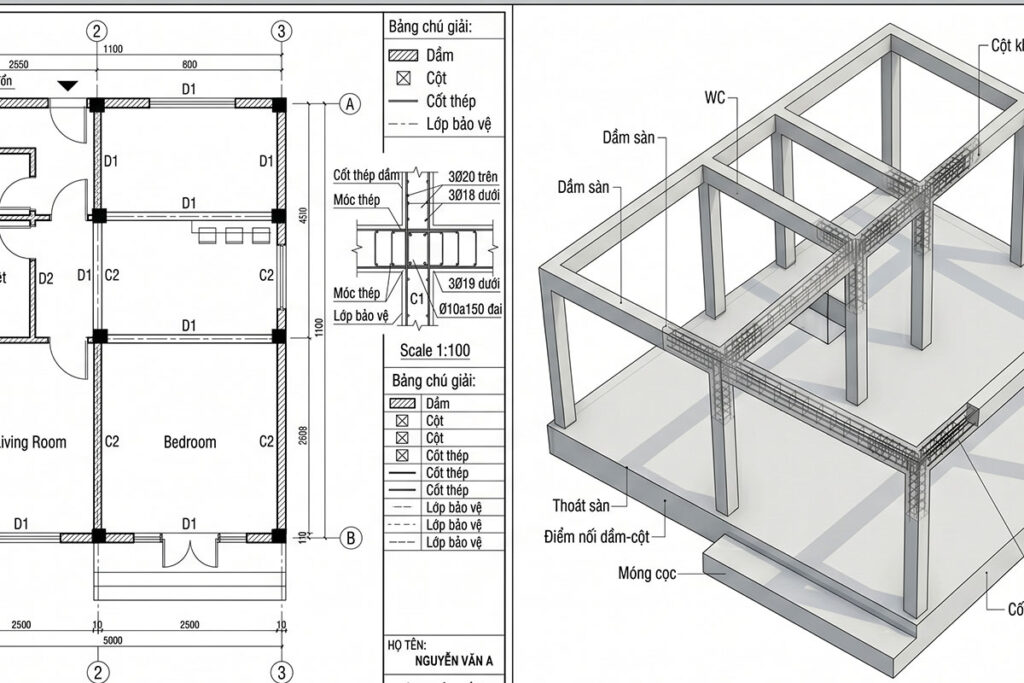 Minh họa bản vẽ 2D kết cấu nhà ở
