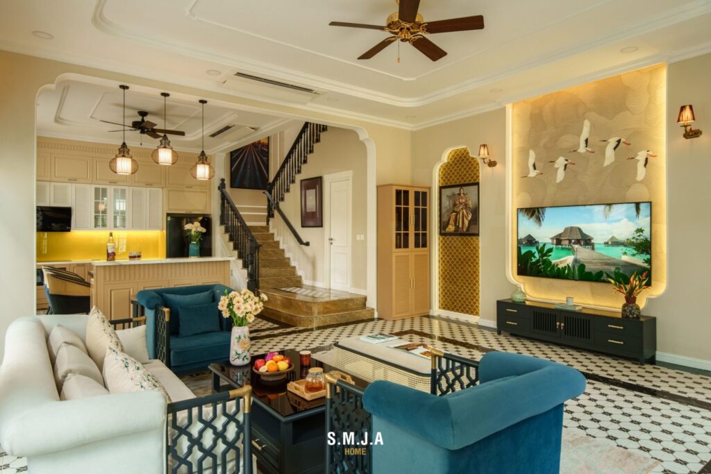 Phòng khách biệt thự Sun Tropical Village 220m² Phú Quốc – nội thất SMJA thực tế