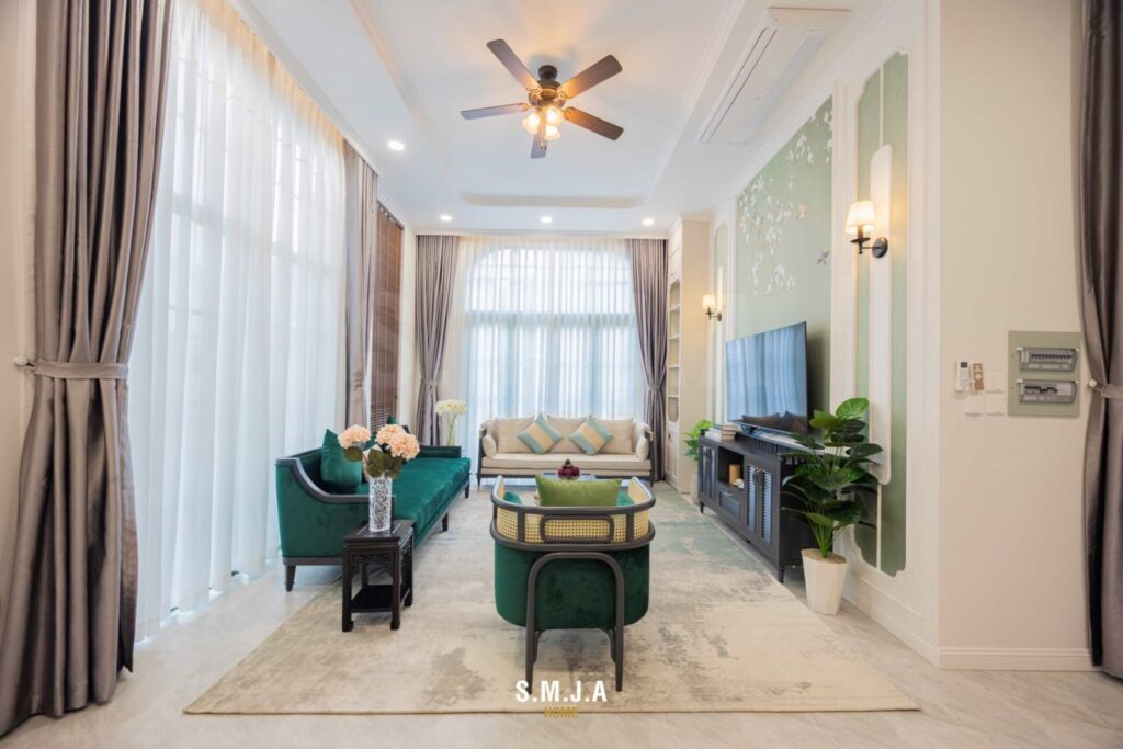 Phòng khách biệt thự tứ lập Sun Tropical Village phong cách Indochine – ảnh thực tế SMJA